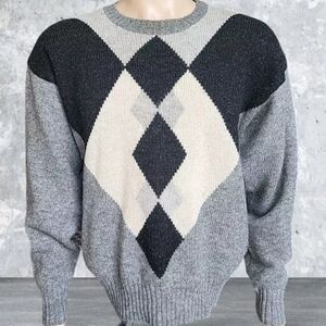 Vtg 90s Hunting Horn Sweater Mens Large Argyle Shetland Wool Grandpa Academia
